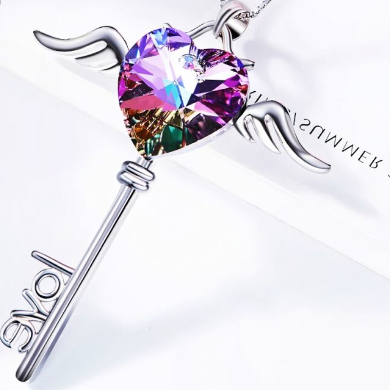 Ängelvingar halsband hjärthänge kärlek brev halsband safir ametyst ädelsten halsband för kvinnor 925 sterling silver