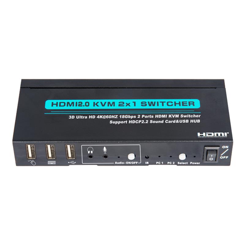 V2.0 HDMI KVM 2x1-switch stöd Ultra HD 4Kx2K @ 60Hz HDCP2.2 18 Gbps ljudkort och USB-hubb