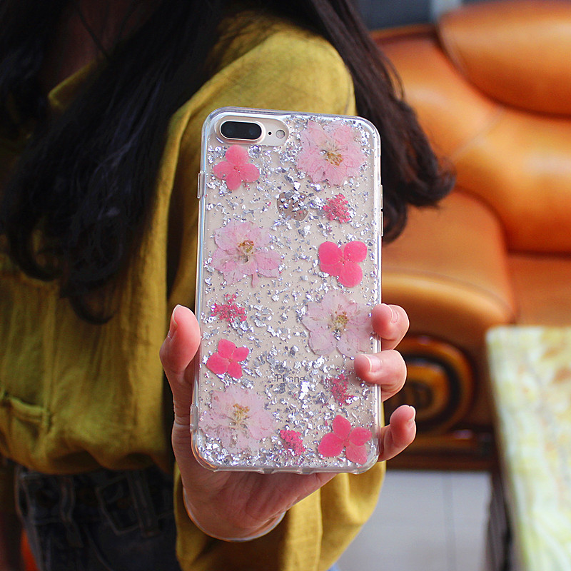 TPU + PC glitteriga droppar lim mobiltelefon fodral med innerblomma för hand tillverkad för iPhone 6 Plus / 7 Plus / 8 Plus