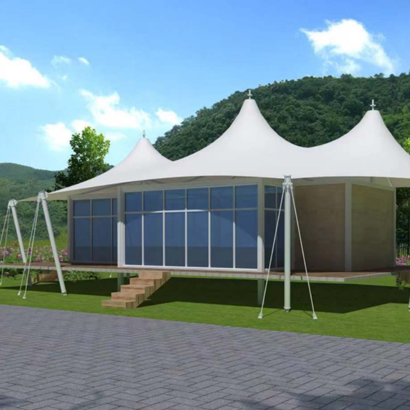 Prefab House Three Peaks Shape 2 Bedroom PVDF Vattenfri Fabric Resort Hotel Tent