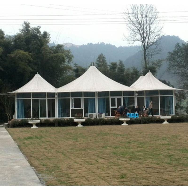 Prefab House Three Peaks Shape 2 Bedroom PVDF Vattenfri Fabric Resort Hotel Tent