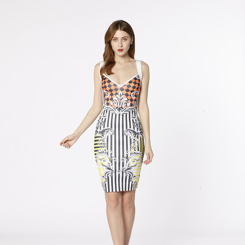 OEM fabrik dam senaste design elegant v-hals slip cross stripe sexiga bandage klänningar bodycon för kvällsklubbfest