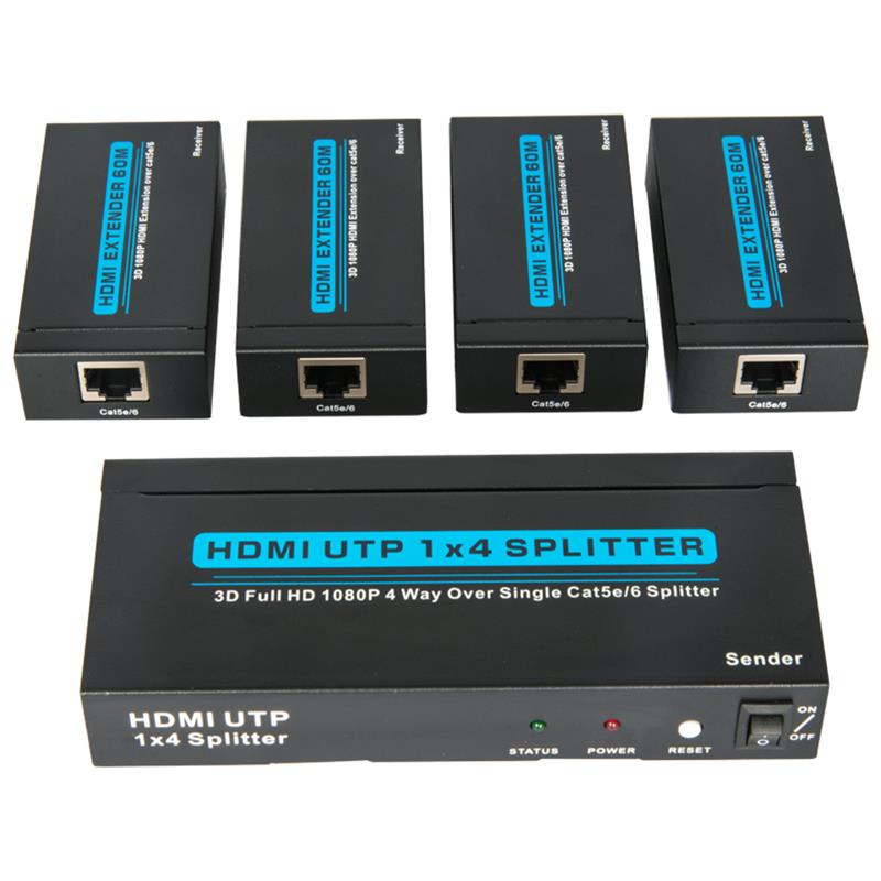4 portar HDMI UTP 1x4 splitter över singel Cat5e / 6 med 4 mottagare upp till 60 meter