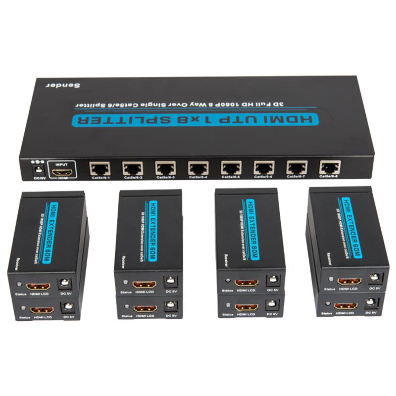 8 portar HDMI UTP 1x8 splitter över singel Cat5e / 6 Med 8 mottagare upp till 60 meter