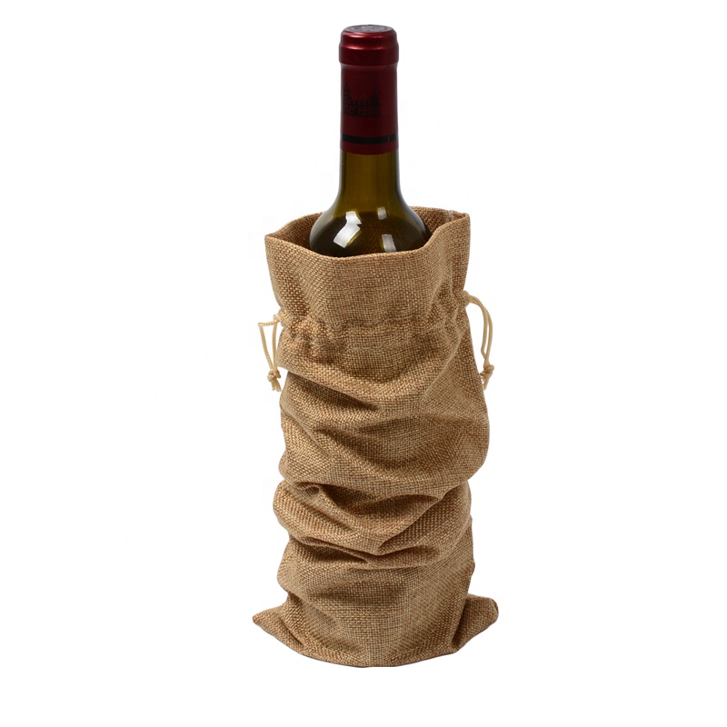 SGS53 Rustic Jute Burlap Wine Bags Drawlstring Wine Fladle omfattar paketpåsar för vinframställning som kan återanvändas