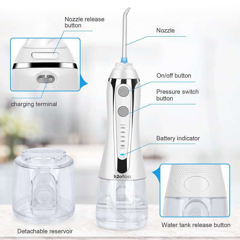 H2ofloss Water Flosser Professional trådlös tandvattensprutare - bärbar och uppladdningsbar IPX7 vattentät vattentråd för tandrengöring, 300 ml reservoar hem och resor (HF-2)