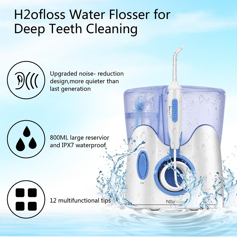 H2ofloss Dental Water Flosser för rengöring av tänder med 12 multifunktionella tips och 800 ml, professionell bänkskiva Oral Irrigator Tyst design