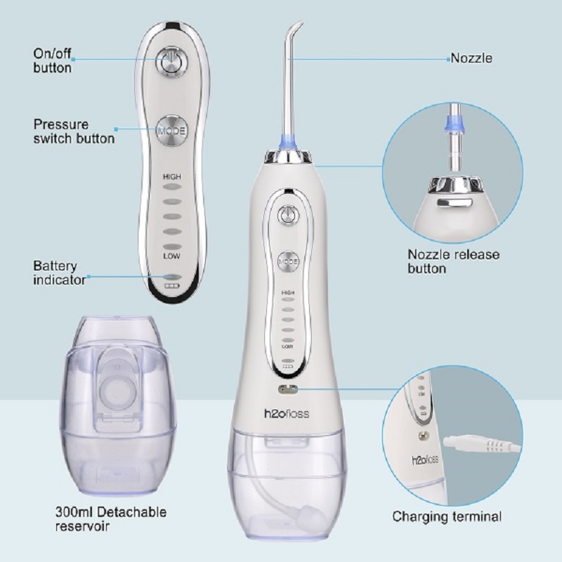 H2ofloss Water Flosser Professional trådlös tandvattensprutare - bärbar och uppladdningsbar IPX7 vattentät vattentråd för tandrengöring, 300 ml reservoar hem och resor (HF-6)