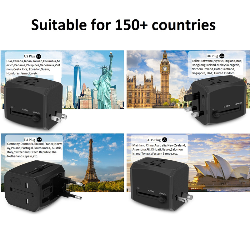 RRTRAVEL ny anpassad smart värld universell reseadapter med USB-laddare strömkontakt för europeiska Storbritannien, USA, Australien