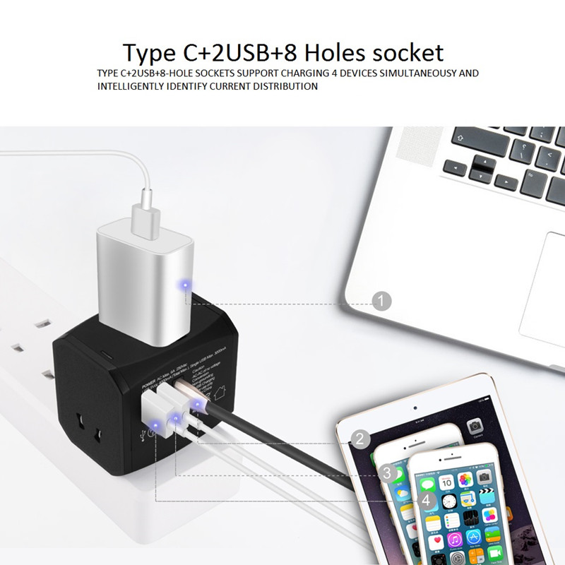 RRTRAVEL Universell reseadapter, allt-i-ett internationell strömadapter med 4A 3 USB, europeisk adapter Resekraftadapter Väggladdare för Storbritannien, EU, AU, Asien Täcker 150 + länder