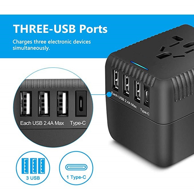 RRTRAVEL Universal Travel Adapter, Alla i en internationell PowerAdapter med 3-USB +1 Charging Ports, European Plug Adapter, AC Outlet Plug Adapter for European, USA, UK, AU 160+ Country