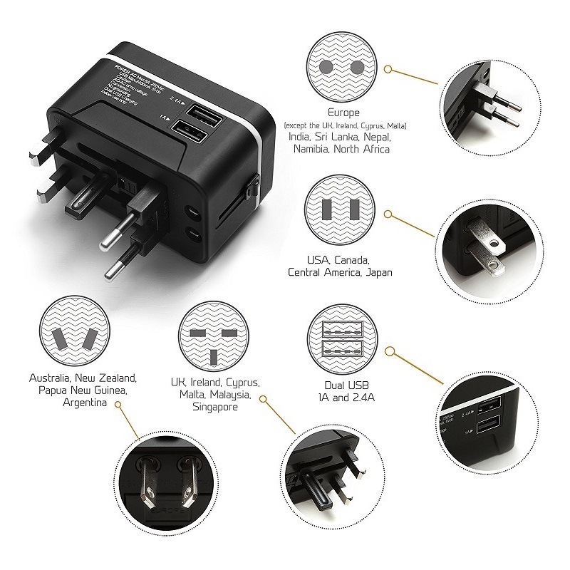 RRTRAVEL Reseadapter, Universal International Power Adapter med 2 USB-portar och europeisk kontaktadapter, bra för mobiltelefonbärbar dator i över 150 länder