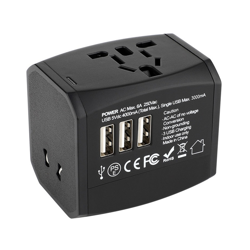 RRTRAVEL Universell reseadapter, allt-i-ett internationell strömadapter med 4A 3 USB, europeisk adapter Resekraftadapter Väggladdare för Storbritannien, EU, AU, Asien Täcker 150 + länder