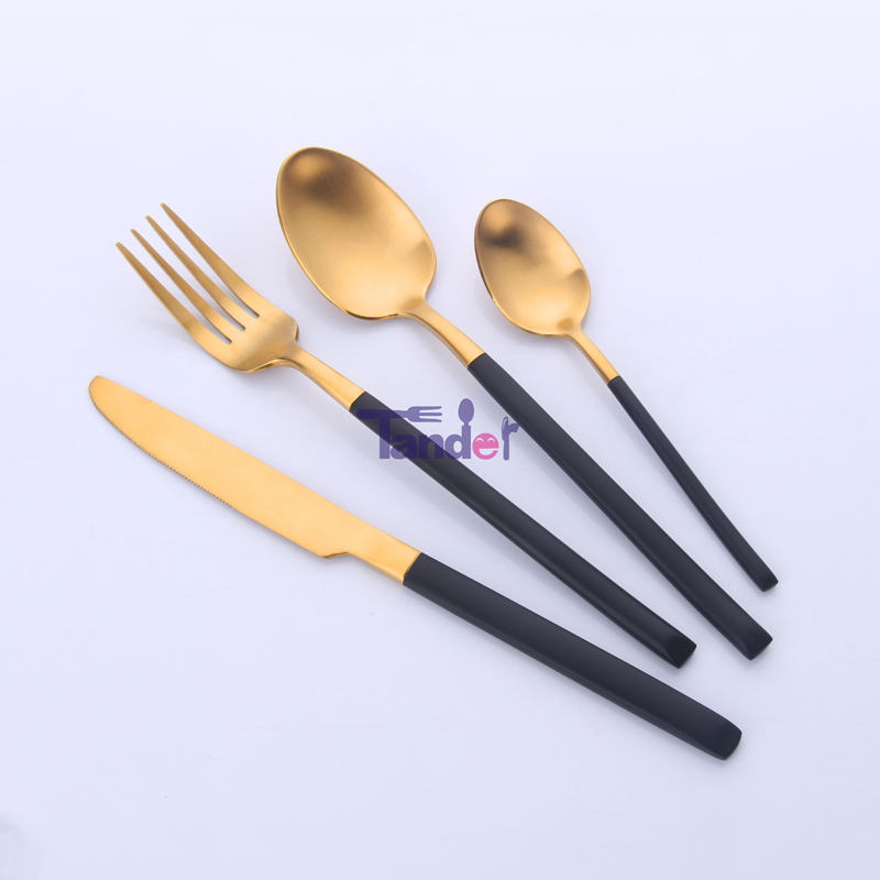 Knight low MOQ Hög klass 18/8, rostfritt stål, bestick, svart handtag, platta till hotellrum