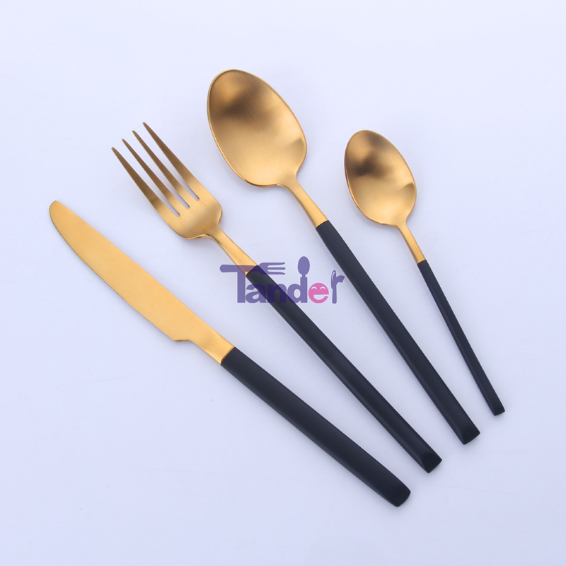 Knight low MOQ Hög klass 18/8, rostfritt stål, bestick, svart handtag, platta till hotellrum