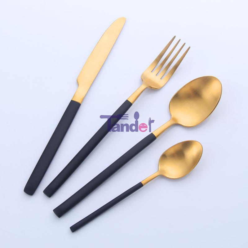 Knight low MOQ Hög klass 18/8, rostfritt stål, bestick, svart handtag, platta till hotellrum
