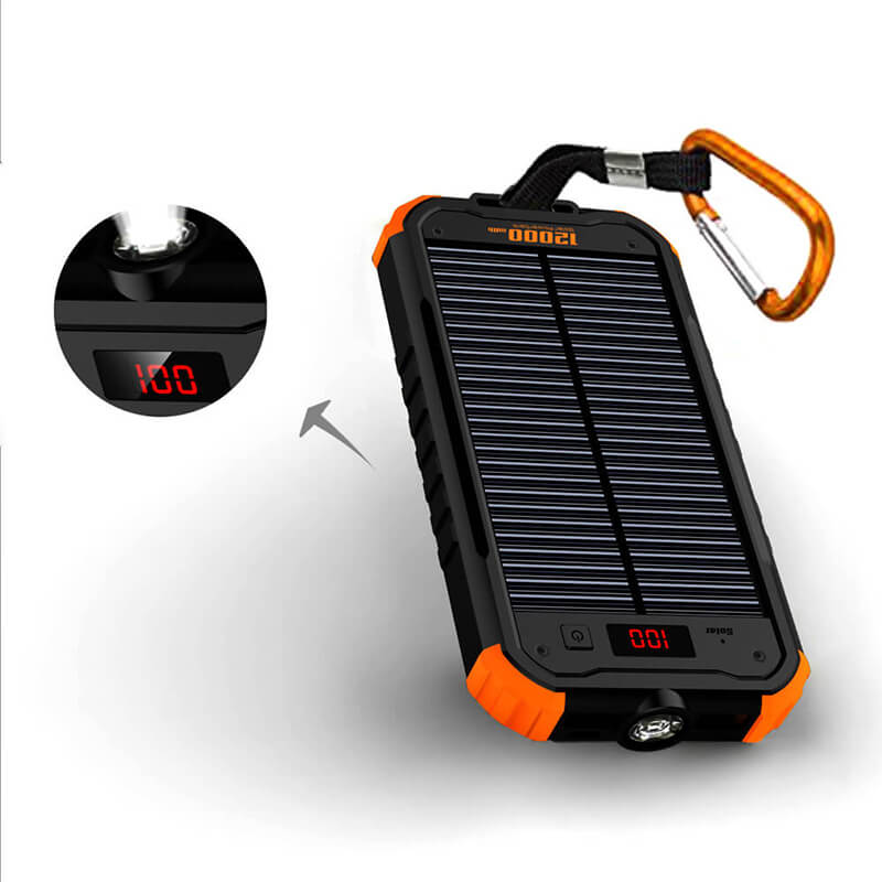 12000mAh Ledd Flashlight Solar Power Bank med LCD Digital Display