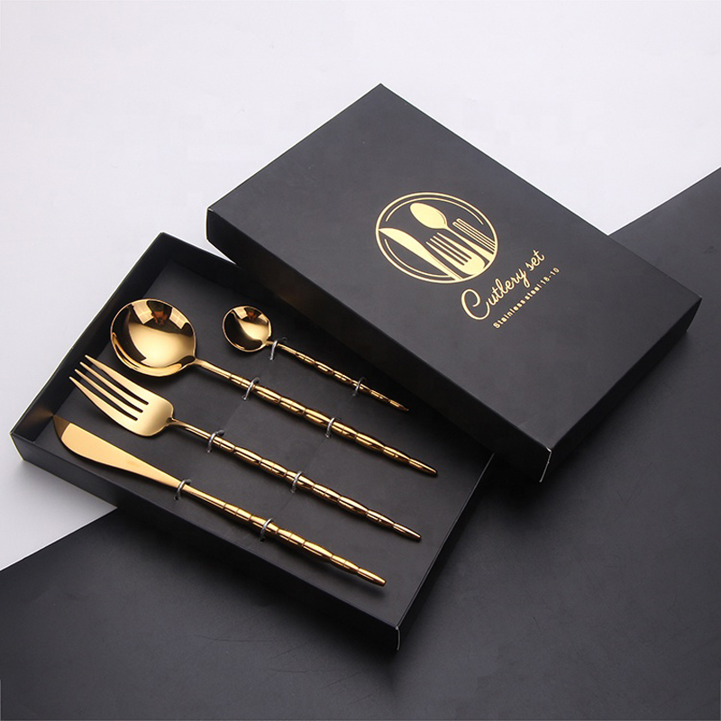 hög nivå 18/8 spegel polsk presentförpackning rostfritt stål bestick gyllene pvd beläggning middag kungliga guld bestick present set