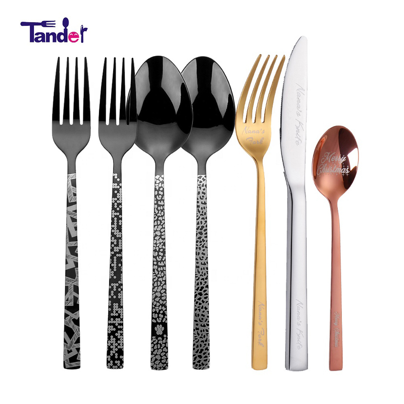Anpassad laserbestick Svart guldmetall bestick Royal Restaurant Wedding Matte Gold Stainless Steel Bestick Set
