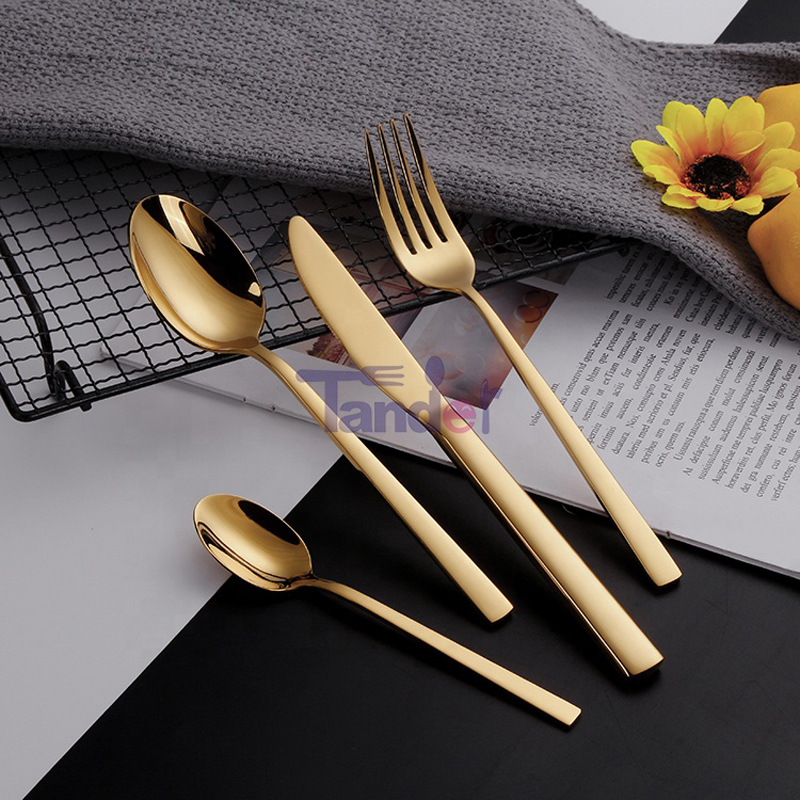 Knivsked Gaffelset Guld Bestick Brilliant Custom Metal Rostfritt stål Hotell 24st Bestick Set med fodral