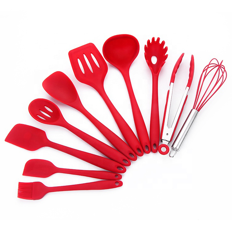 Partihandel Svart Röd Easy Clean Cooking Tool Set 10 Stycken Set Kök Silikonredskap