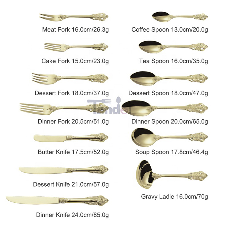 Hel inställning 304 Mirror Polish Champagne Rostfritt stål Royal Gold Bestick Set för bröllop