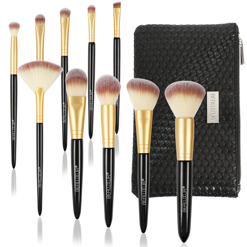 10 ST Makeup-borsteuppsättning, Premium Syntetfiber Make Up Brush Kit-borstar Verktyg med PU-läder resesminkväska