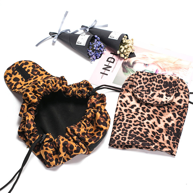 Lazy Cosmetic Bag / Drawstring Makeup Bag / Toiletry Bag / Large Capacity Travel Bag / Make up Organizer för kvinnor och flickor - Leopard ...