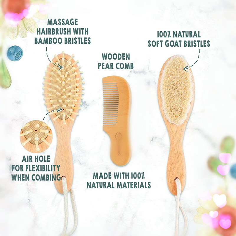 Träbärdsborste och kamuppsättning av tre delar (3 delar) för nyfödda barn och småbarn, naturliga mjuka getborstar för vaggmössa, träborstar för barnmassage, perfekt för babyregister