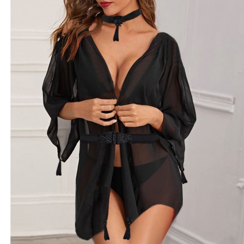 sexig underkläder bodysuit, underkläder sexig chaude transparent, kvinnor sexig underkläder Sexig genomskinlig långärmad Chiffon Oregelbunden Trim tunn nattklänning med G-sträng