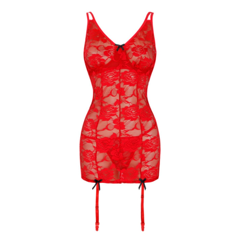 sexig underkläder för kvinnor, sexig underkläder för kvinnor plus storlek, sexig underkläder för sex Röd genomskinlig blommor i spetsspetsarrem Chemise Lingerie Set