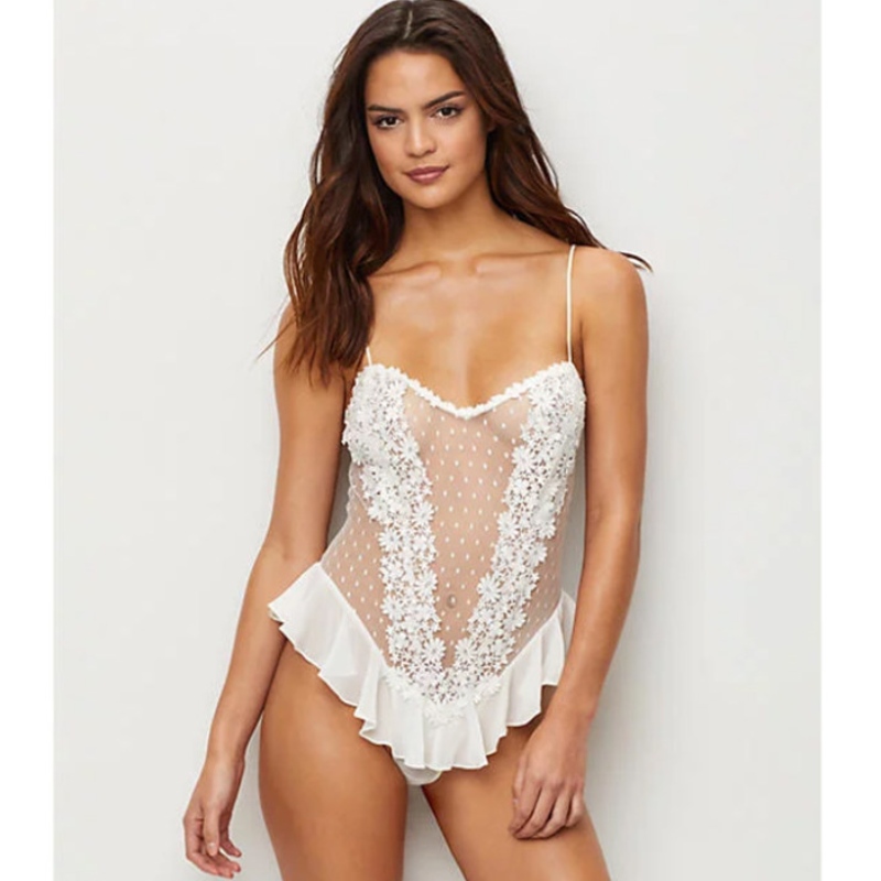 sexig underkläder behå, sexig underkläder svart, sexig underkläder behå för kvinnor Sexig Gallus Vit Sheer Blommor Spets och Mesh Lågskuren Ruffled Pole Dancing Teddies Lingerie