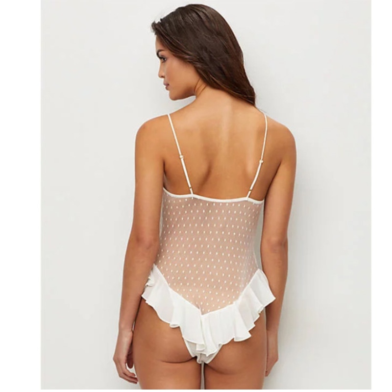 sexig underkläder behå, sexig underkläder svart, sexig underkläder behå för kvinnor Sexig Gallus Vit Sheer Blommor Spets och Mesh Lågskuren Ruffled Pole Dancing Teddies Lingerie