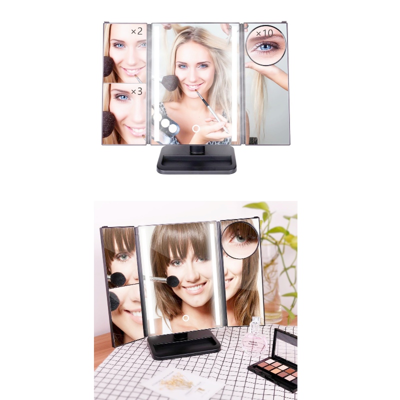 BEALUXUR Ljus Trifold Makeup-spegel, LED-vikning 1X 2X 3X 10X Förstorande Makeup-spegel Pekskärmsbrytare, dubbla strömförsörjning, 180 graders rotation