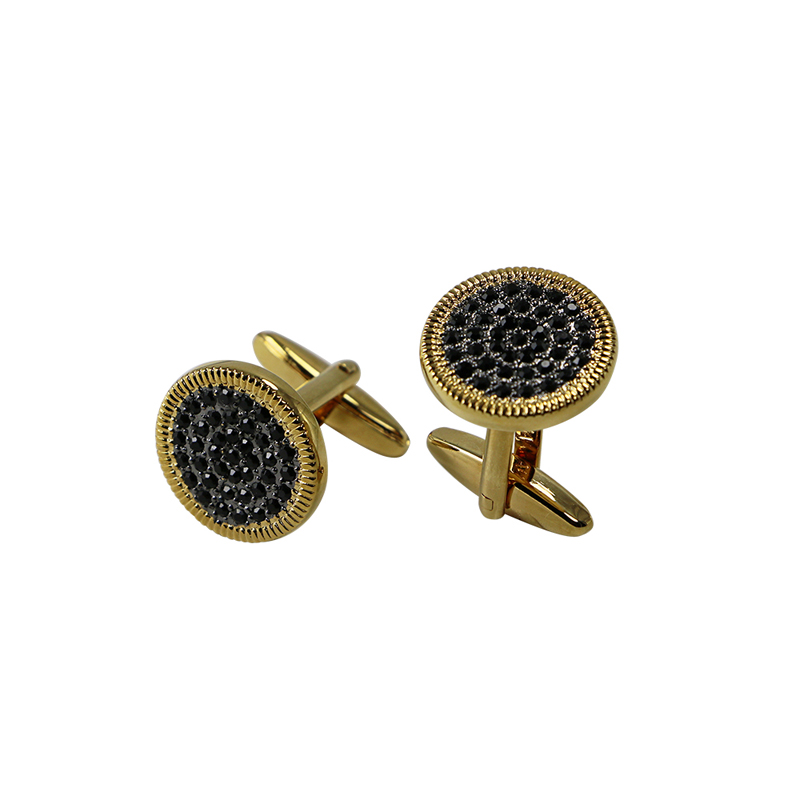 18k Gold Platt Rope Border Crystal Round Cuff Links