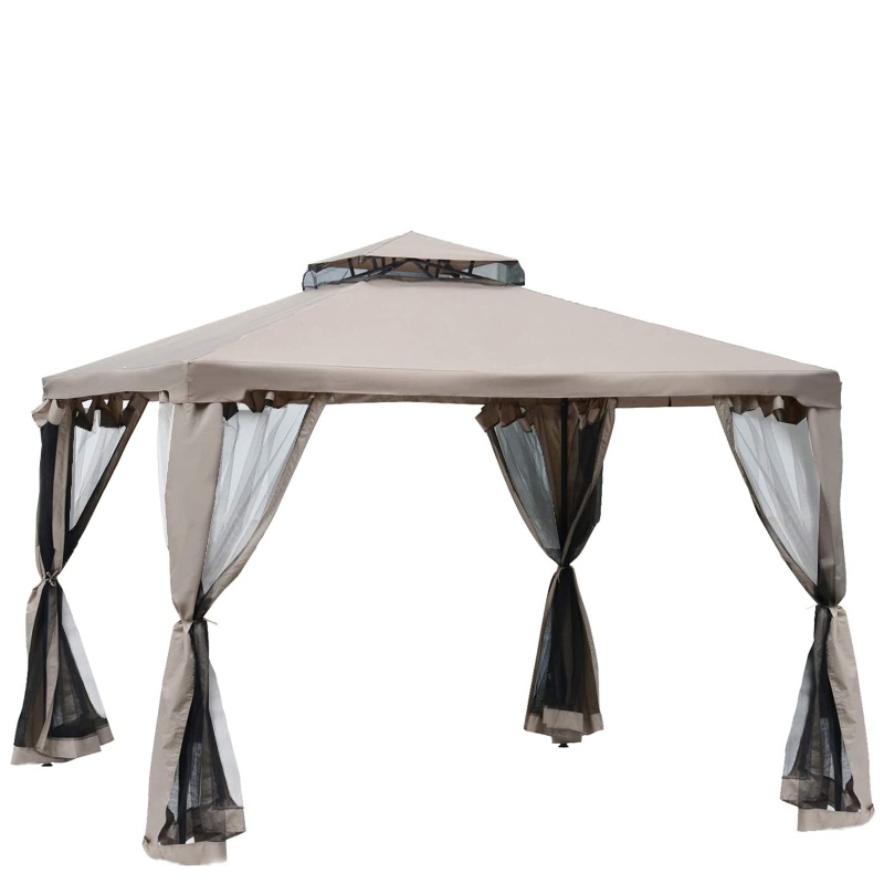 10-82171; x 10 8217; Patio Gazebo Pavilion Canopi Tent, 2-Tier Soft Top med Netting Mesh Sidewalls, Taupe