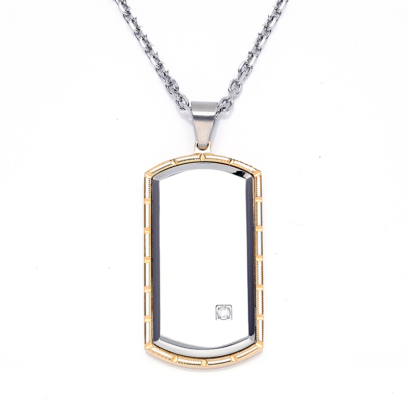 Mäns rostfritt stål tvåfärgat CZ Inlay Dog Tag Pendant Necklace