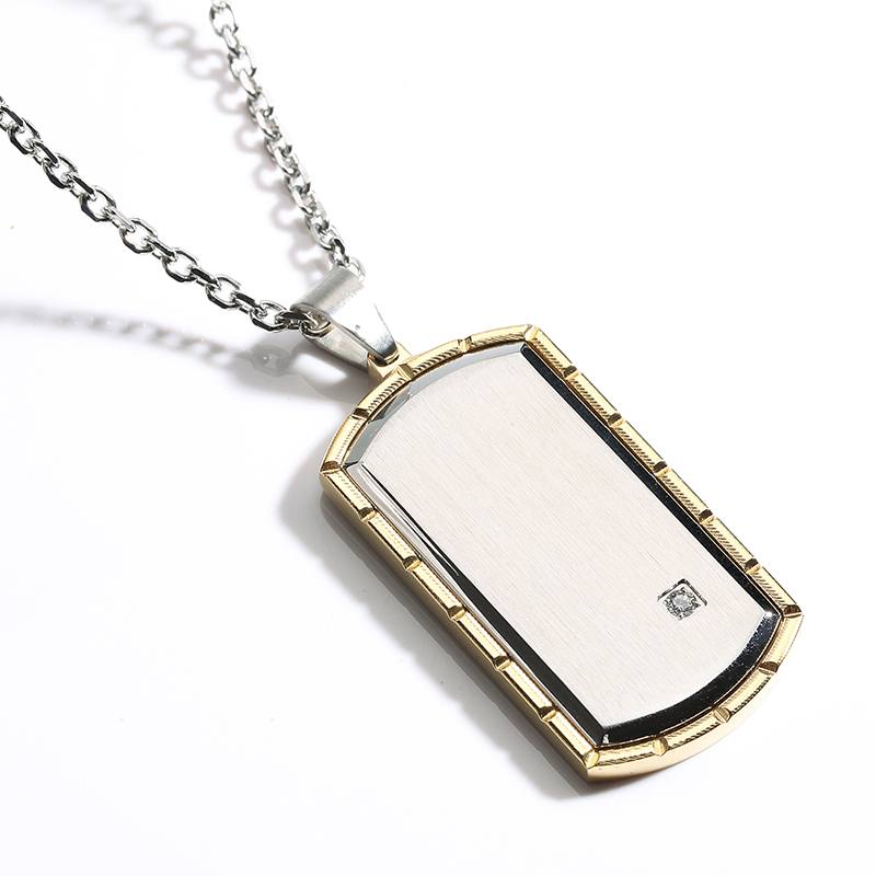 Mäns rostfritt stål tvåfärgat CZ Inlay Dog Tag Pendant Necklace
