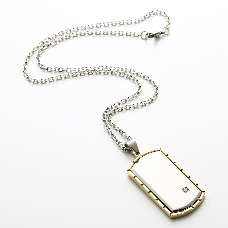 Mäns rostfritt stål tvåfärgat CZ Inlay Dog Tag Pendant Necklace