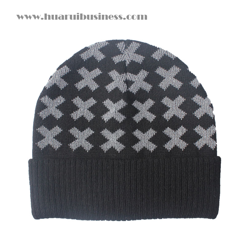 Akrylisk stickad mössa, tuque, vintermössa, handbojor, mössa med manschett, alla X-bokstäver med reflekterande effekt