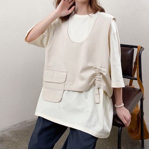 Löst passande design Minimalistisk rund krage stil Sydd ärm stil Casual Enfärgad bomull och linne överdimensionerade anpassade 19527 T-shirts + västar