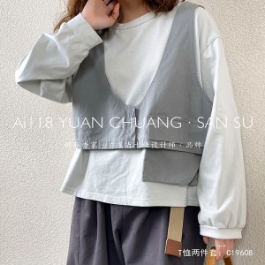 Lös inredning Minimalist Round Collar-stil Stinkade ärmstyle Casual Solid Bomull och linne överdimensionerade skräddarsydda 19608 T-skjortor