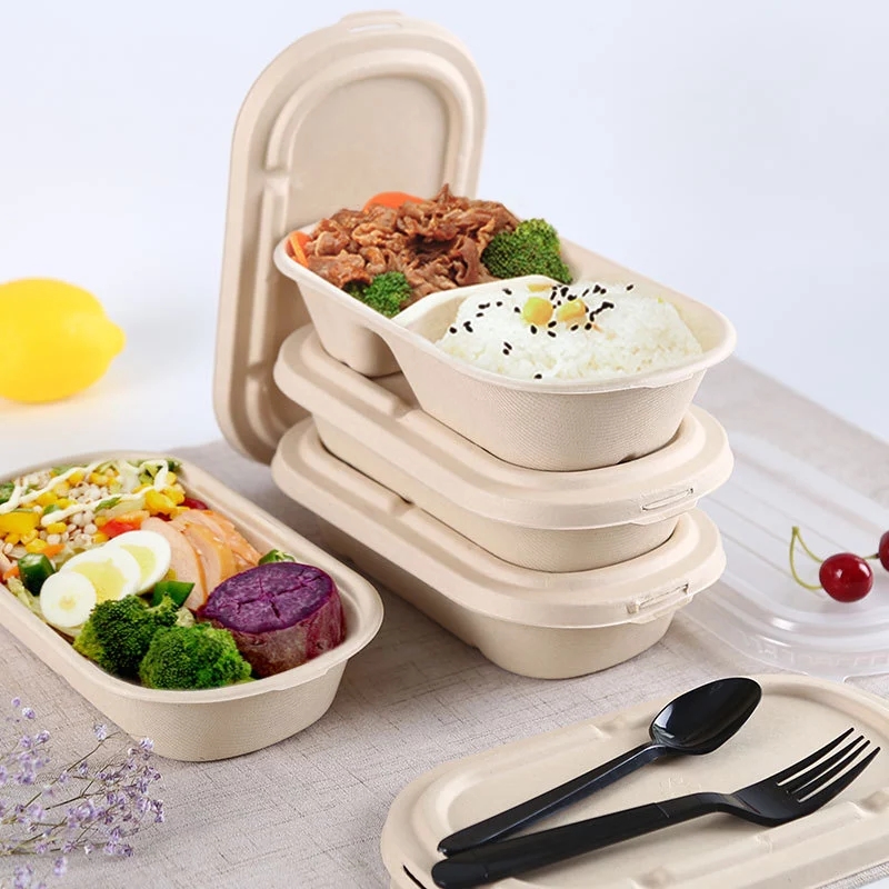 Oval takeaway snabbmatslådor biologiskt nedbrytbara bagasse livsmedelsförpackningsbehållare med klart lock