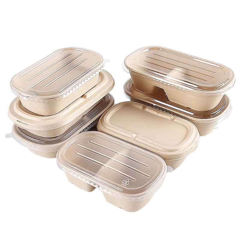 Oval takeaway snabbmatslådor biologiskt nedbrytbara bagasse livsmedelsförpackningsbehållare med klart lock