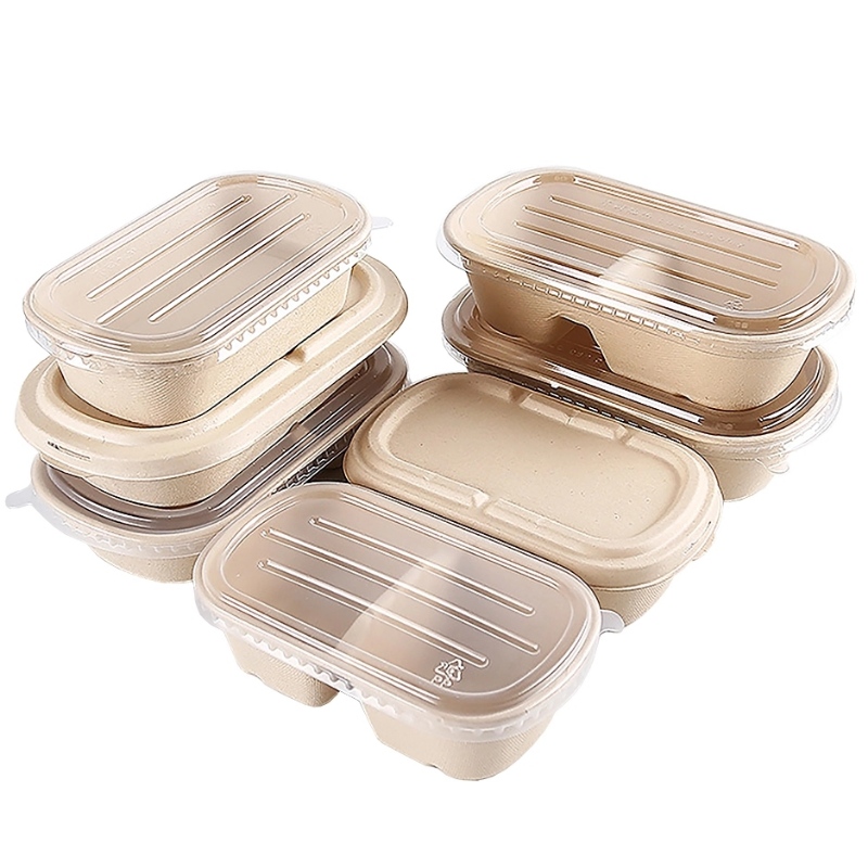 Behållare för snabbmatsförpackningar för bagasse- och livsmedelsförpackningar med en behållare för klart överdragna komposterbara sockerrör