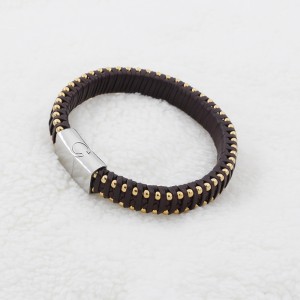 Brunt stålband med flera lager Brade Leather Bracelet med Magnetisk klassning