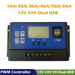 PWM Solar Charger Controller 60a 50a 40a 30a 20a 10a 12V 24V Batteriladdare LCD Dual USB Solpanel Regulator Max 50V PV-ingång