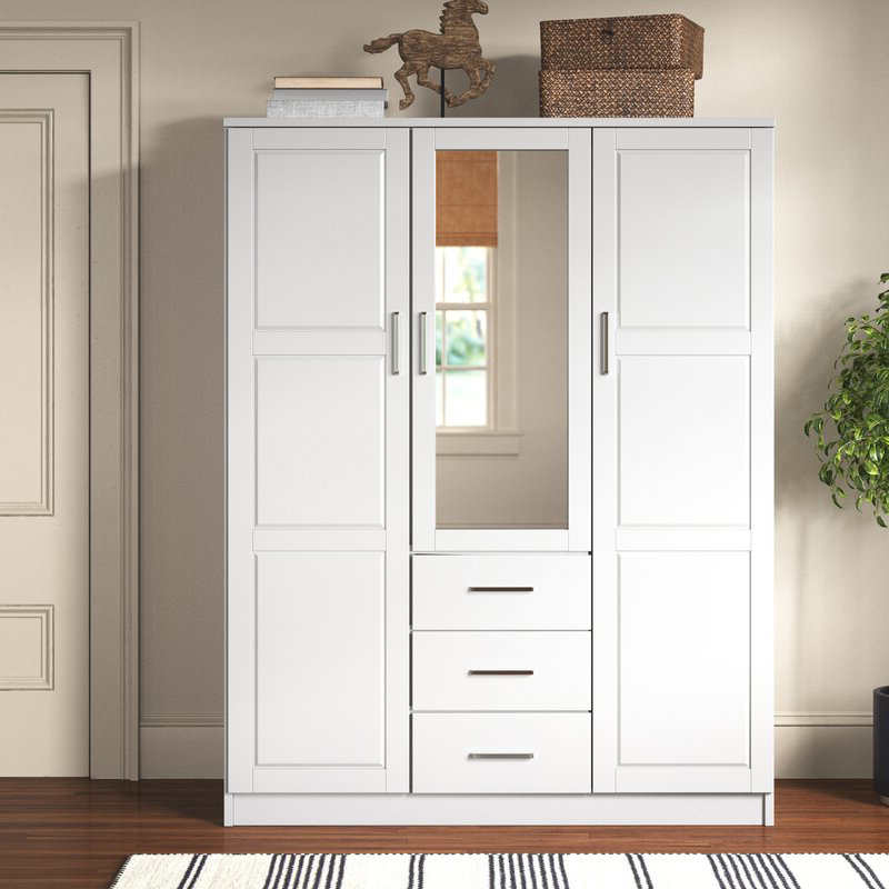 MWD22008-Solid Wood Family Wardrobe/CLOSET/CLOSET, 3-dörrskåp med spegel och 3 lådor, vit.
