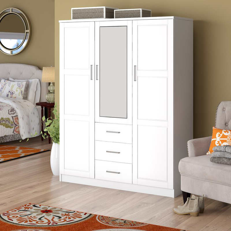 MWD22008-Solid Wood Family Wardrobe/CLOSET/CLOSET, 3-dörrskåp med spegel och 3 lådor, vit.