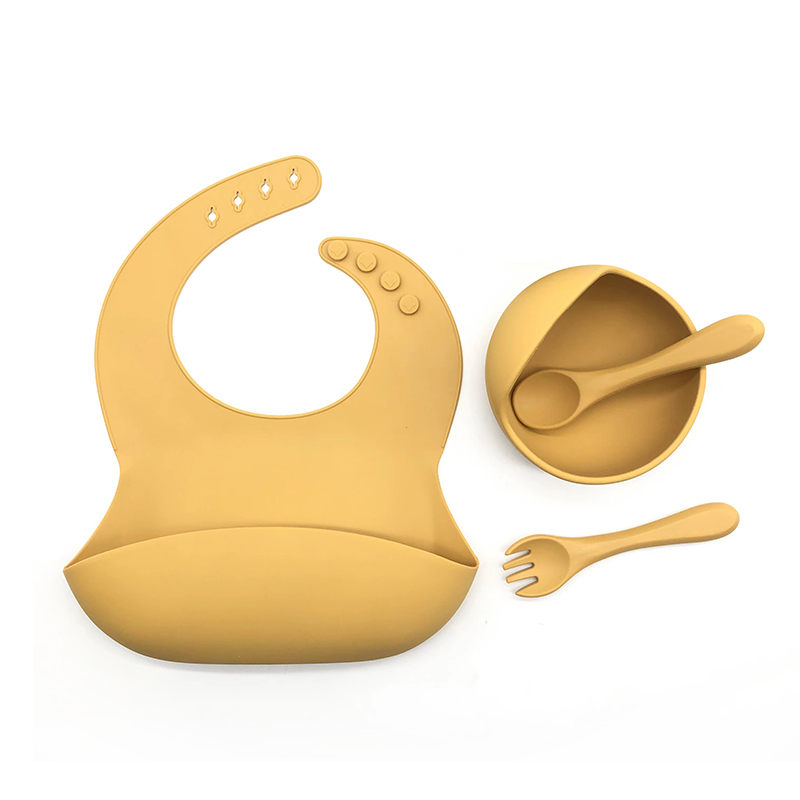 Silikon baby matningssats, sugdelad tallrikskål, silikonbib, drickskopp, sked